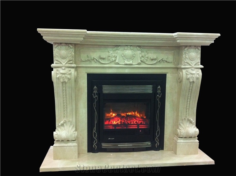 Beige Marble Handcarved Fireplaces Mantel, Western Style Fireplace
