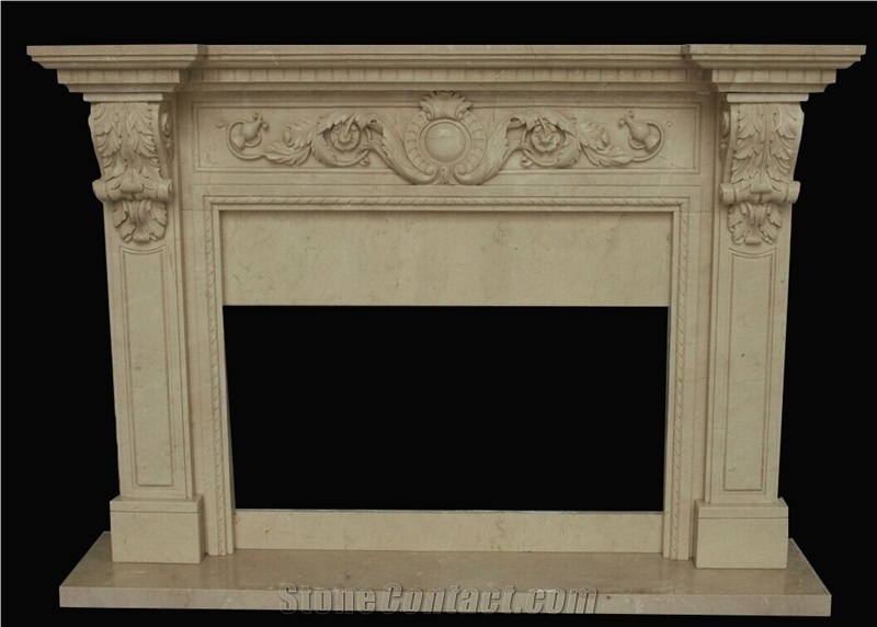 Beige Marble Handcarved Fireplaces Mantel, Western Style Fireplace