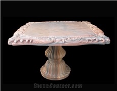 Beige Marble Handcarved Outdoor Table, Sculptured Garden Table