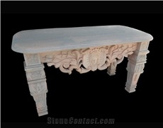 Beige Marble Handcarved Outdoor Table, Sculptured Garden Table