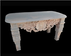 Beige Marble Handcarved Outdoor Table, Sculptured Garden Table
