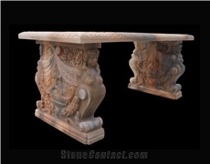 Beige Marble Handcarved Outdoor Table, Sculptured Garden Table