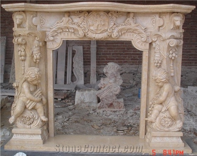 Beige Marble Stone Fireplace Mantels Surround