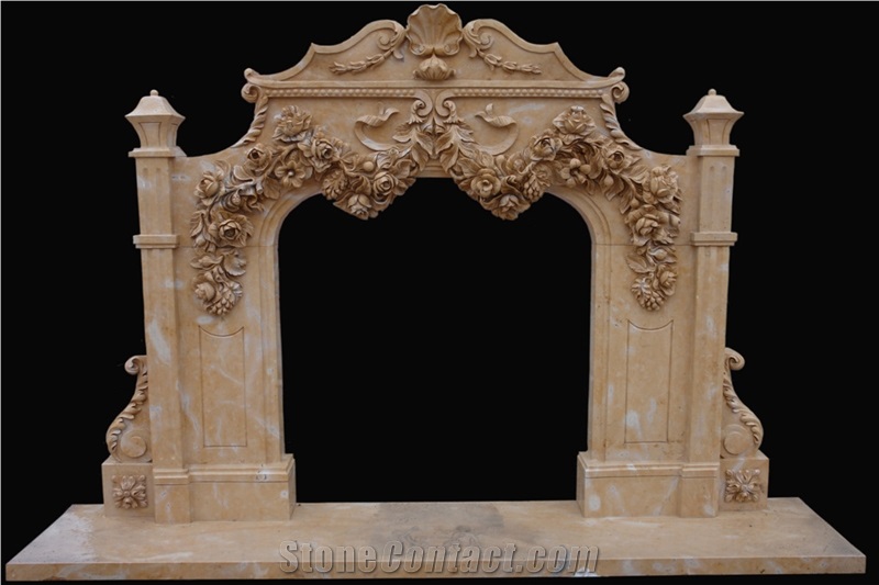 Beige Sandstone Fireplaces, Handcarved Fireplace Mantels