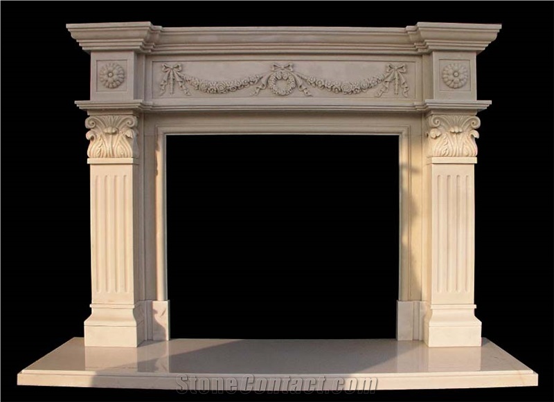 Beige Sandstone Fireplaces, Handcarved Fireplace Mantels