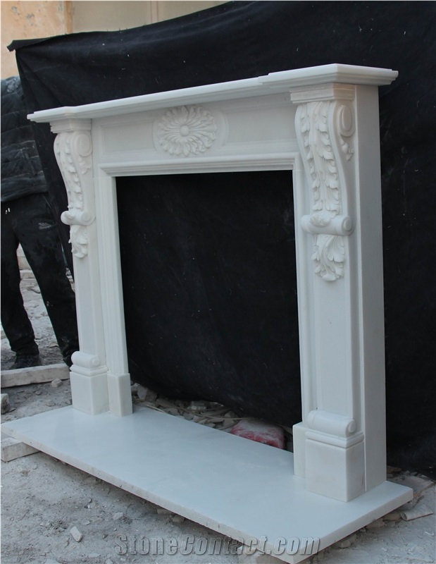 English-Style Handcarved Sculptured Marble Mantel Fireplace