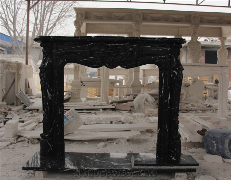 English-Style Handcarved Sculptured Marble Mantel Fireplace