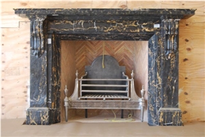 Hand Carved Portoro Marble Sculptured Fireplaces, Western Style Hand Carved Portoro Marble Sculptured Fireplaces, Western Style