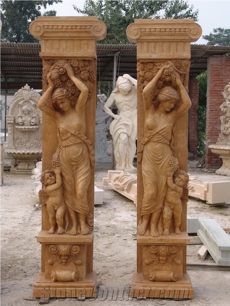 Hand Carved Western Style Natural Stone Column with Statues