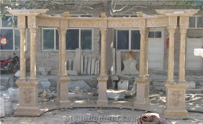 Handcarved Beige Marble Sculptured Outdoor Gazebo, Western Style