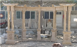 Handcarved Beige Marble Sculptured Outdoor Gazebo, Western Style Handcarved Beige Marble Sculptured Outdoor Gazebo, Western Style
