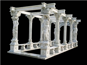 Handcarved Beige Marble Sculptured Outdoor Gazebo, Western Style