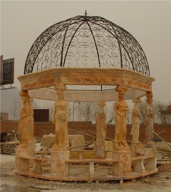 Handcarved Beige Marble Sculptured Outdoor Gazebo, Western Style