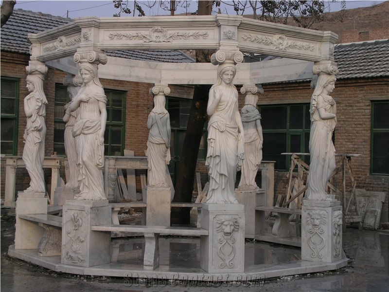 Handcarved Beige Marble Sculptured Outdoor Gazebo, Western Style