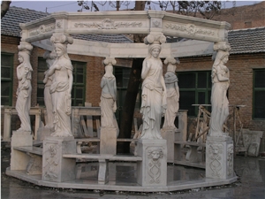 Handcarved Beige Marble Sculptured Outdoor Gazebo, Western Style