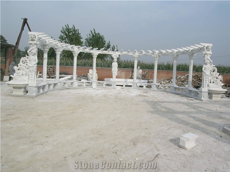 Handcarved Beige Marble Sculptured Outdoor Gazebo, Western Style