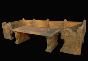 Natural Stone Handcarved Outdoor Table Sets, Western Sculptured Bench