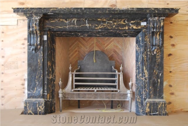 Portoro Marble Handcarved Fireplaces Mantel, Western Style Fireplace