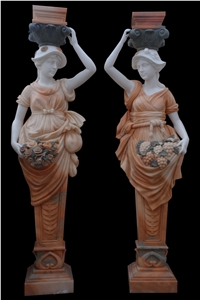 Red Marble Handcarved Building Column Statues, Sculptured Pillars