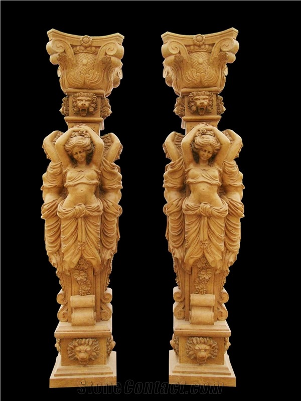 Red Marble Handcarved Building Column Statues, Sculptured Pillars