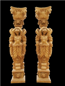 Red Marble Handcarved Building Column Statues, Sculptured Pillars