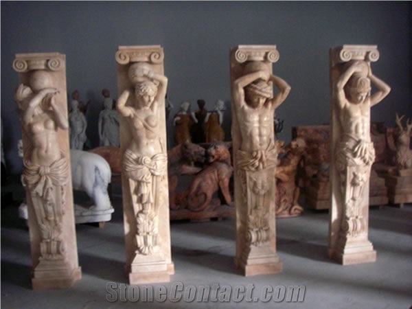 Red Marble Handcarved Building Column Statues, Sculptured Pillars