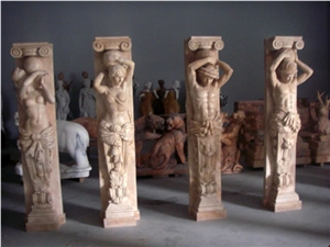 Red Marble Handcarved Building Column Statues, Sculptured Pillars