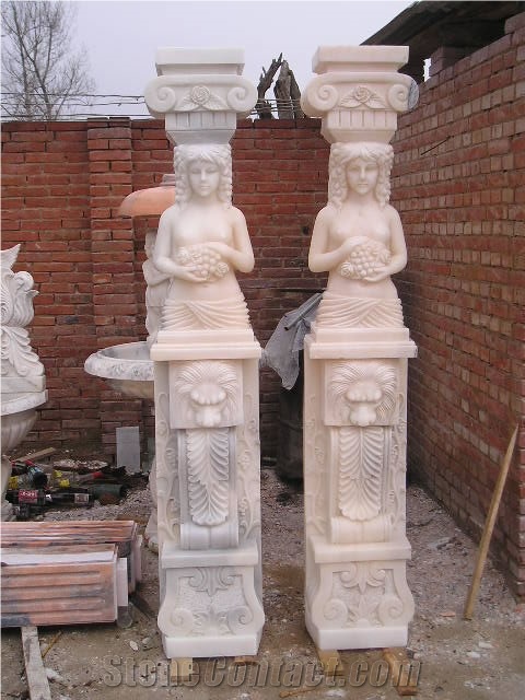 Red Marble Handcarved Building Column Statues, Sculptured Pillars