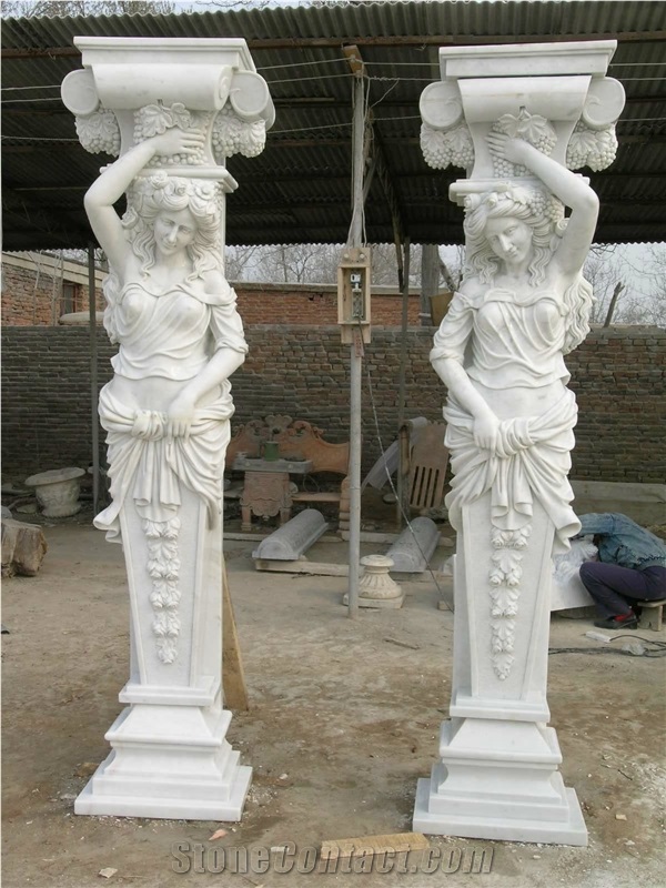 Red Marble Handcarved Building Column Statues, Sculptured Pillars
