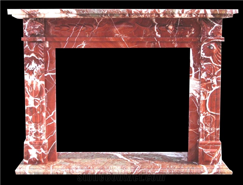 Red Marble Handcarved Fireplaces Mantel, Western Sculptured Fireplaces