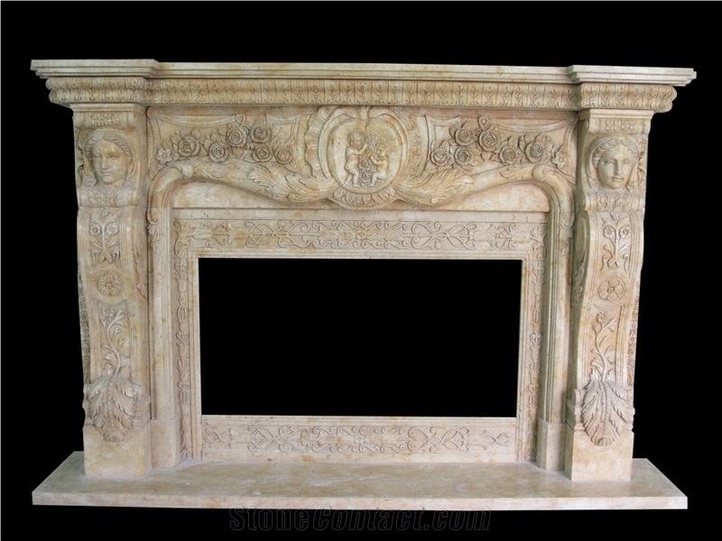 Red Marble Handcarved Fireplaces Mantel, Western Sculptured Fireplaces