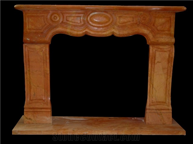 Red Marble Handcarved Fireplaces Mantel, Western Sculptured Fireplaces