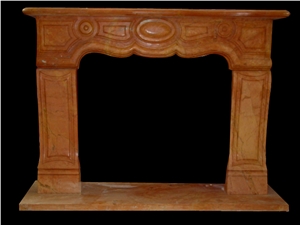 Red Marble Handcarved Fireplaces Mantel, Western Sculptured Fireplaces