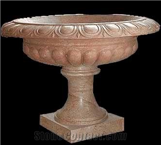 Red Marble Handcarved Garden Pots, Western Sculptured Flower Pots