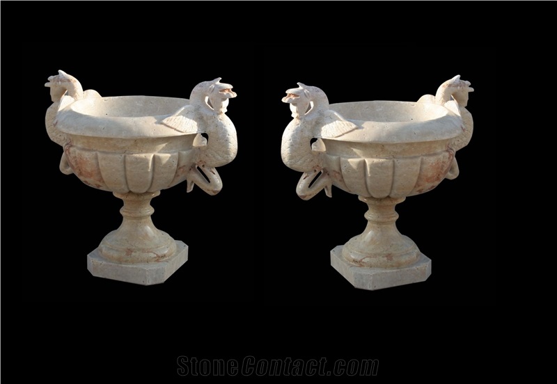 Red Marble Handcarved Garden Pots, Western Sculptured Flower Pots