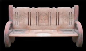 Red Marble Handcarved Outdoor Bench, Western Sculptured Garden Chair Red Marble Handcarved Outdoor Bench, Western Sculptured Garden Chair