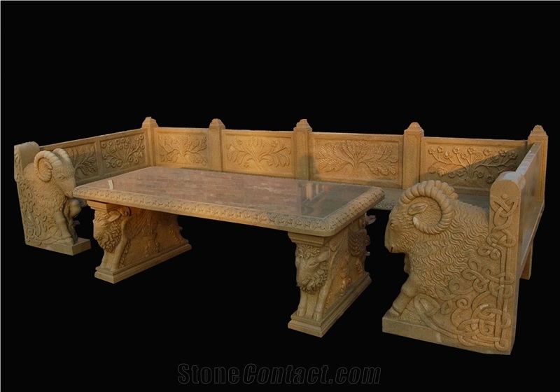Red Marble Handcarved Outdoor Bench, Western Sculptured Garden Chair