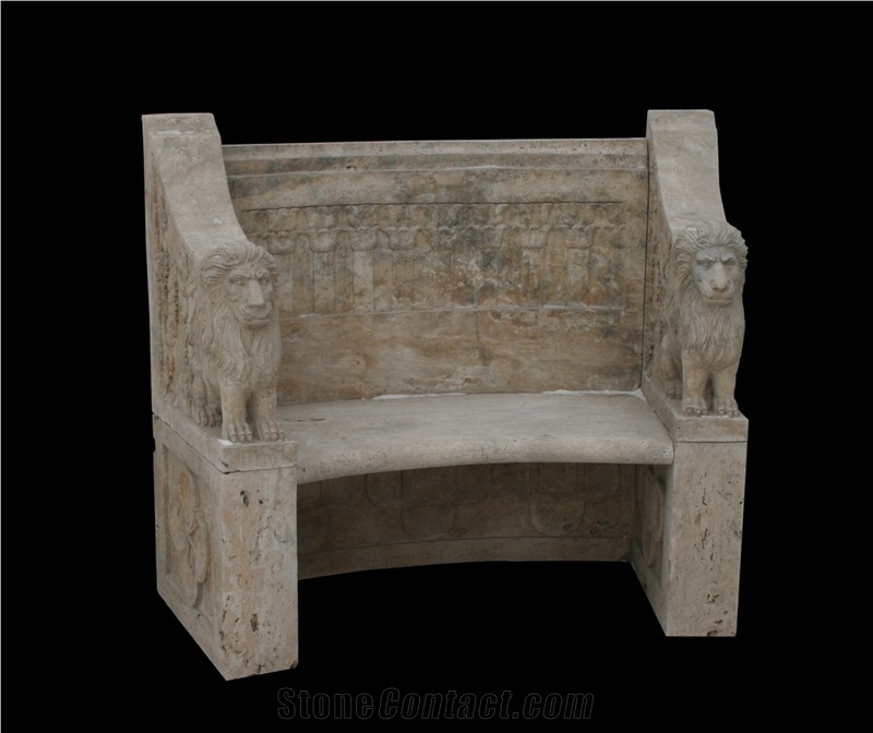 Red Marble Handcarved Outdoor Bench, Western Sculptured Garden Chair