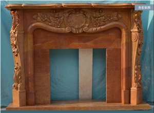 Red Marble Handcarved Sculptured Fireplaces Mantel, Western Style