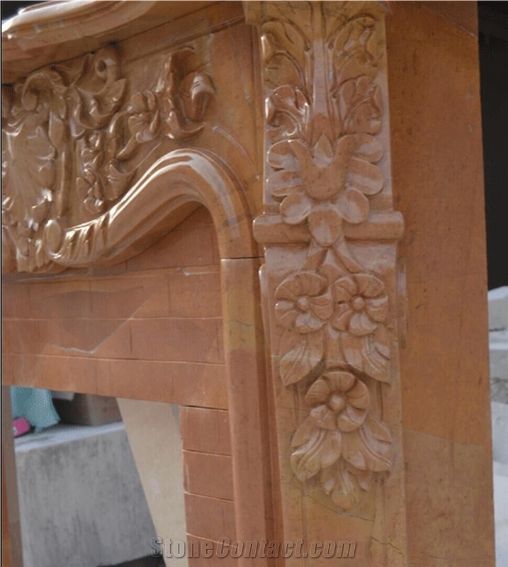 Red Marble Handcarved Sculptured Fireplaces Mantel, Western Style