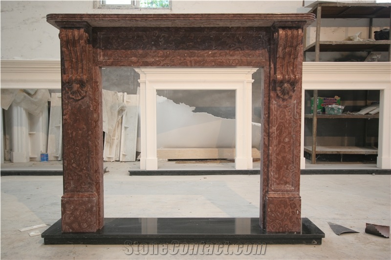 Red Marble Handcarved Sculptured Fireplaces Mantel, Western Style
