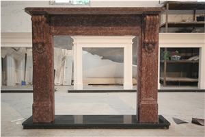 Red Marble Handcarved Sculptured Fireplaces Mantel, Western Style