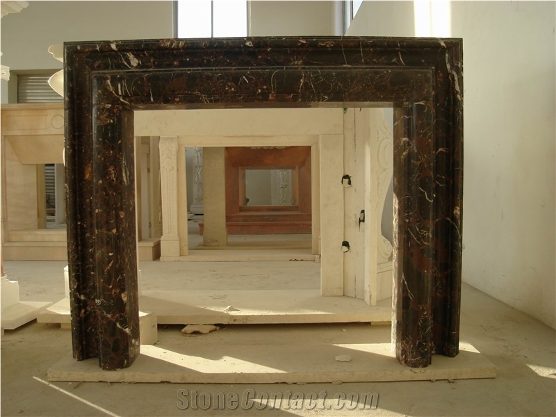 Red Marble Handcarved Sculptured Fireplaces Mantel, Western Style
