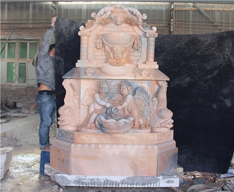 Red Marble Sculptured Fountains,Handcarved Stone Wall Fountains