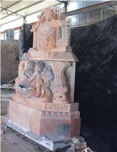 Red Marble Sculptured Fountains,Handcarved Stone Wall Fountains