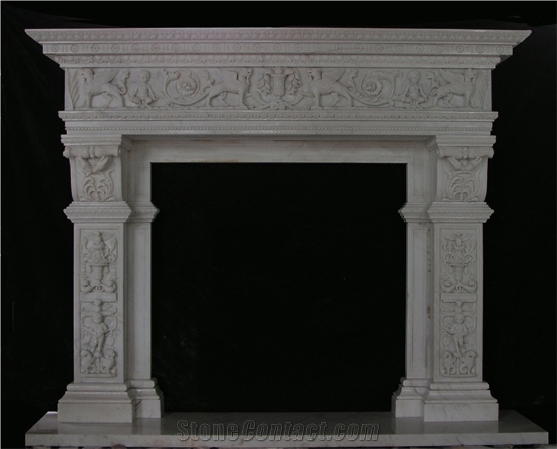 White and Green Marble Hand Carved Fireplaces Mantel , Western Style