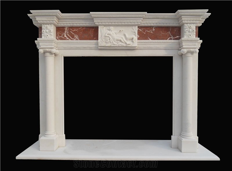 White and Red Marble Handcarved Sculptured Fireplaces, Western Style