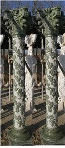 White Limestone Column with Green Marble Carved Base and Capital