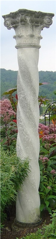 White Limestone Column with Green Marble Carved Base and Capital