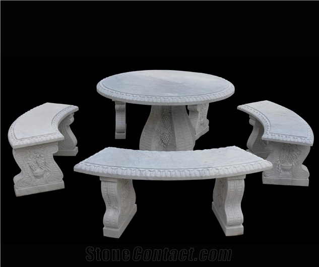 White Marble Garden Bench & Table Stone Bench